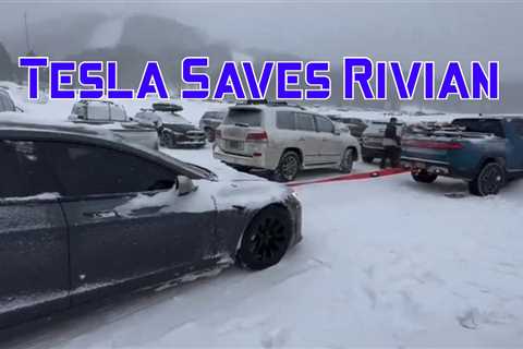 Tesla Model S Yanks A Stuck Rivian R1T Out Of A Snow Bank