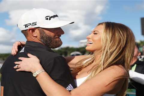 Paulina Gretzky caddied for her husband, Dustin Johnson, during the Masters Par 3 competition..